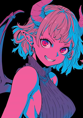 Pink and Blue Devil Girl Portrait