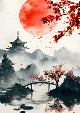 Japanese Landscape with Pagoda and Bridge