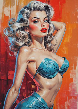 Glamorous Blonde Pin-Up in Blue Outfit