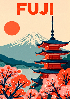 Fuji Mountain and Pagoda Illustration