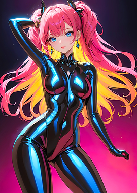 Neon Valkyrie - Chromatic Blaze - Anime Girl in Shiny Black Bodysuit