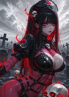 Gothic Anime Nurse in Cemetery