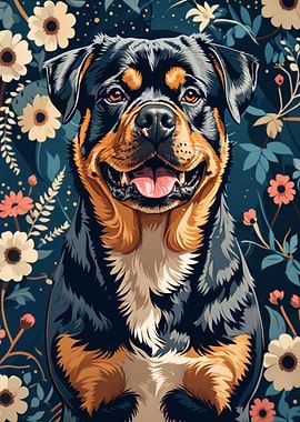 Rottweiler Portrait with Floral Background