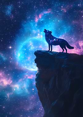 Galactic Wolf Howling Beneath a Blue Moon and Star-Filled Sky