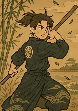 Anime Samurai with Staff and Bamboo