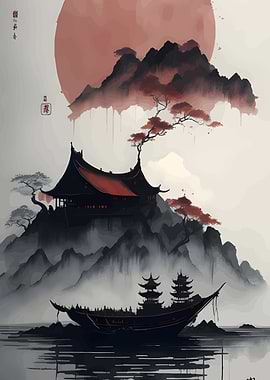 Japanese Landscape with Temple and Boat