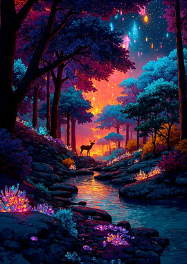 Enchanted Forest with Deer and Crystals