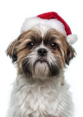 Christmas Shih Tzu Dog with Santa Hat Portrait