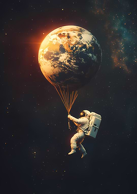 Astronaut Floating with a Planet Balloon in Deep Space
