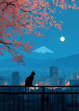 Cat Silhouette with Cherry Blossoms and City
