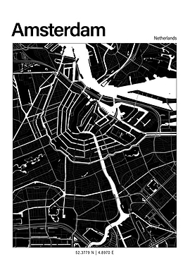 Amsterdam Black and White Map