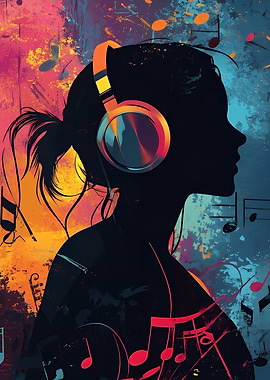 Silhouette with Headphones and Music Notes
