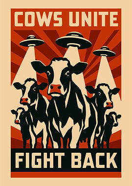 Cows Unite Fight Back Funny Vintage Propaganda Poster UFO Theme