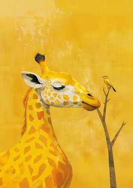 Giraffe and Bird Yellow Art