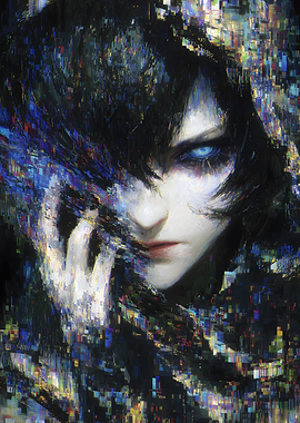 Digital Glitch Portrait with Blue Eyes