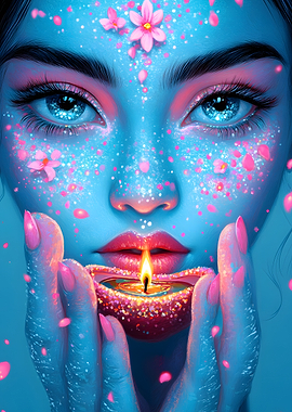 Blue Woman with Candle and Flowers