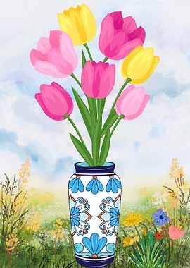 Tulips in Vase with Floral Background