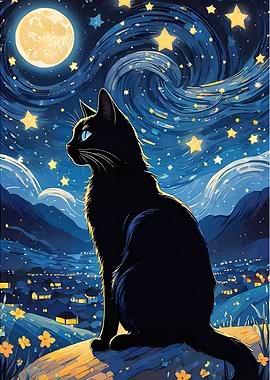 Black Cat Under Starry Night Sky