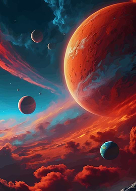 Planetary Landscape with Red Clouds
