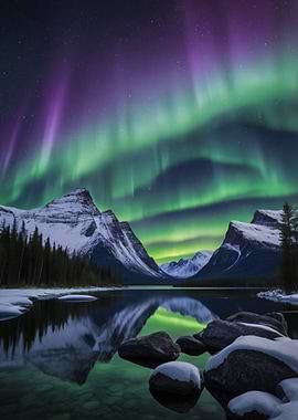 Aurora Borealis over Snowy Mountains