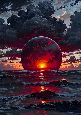 Red Planet Rising Over Ocean