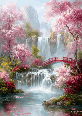Waterfall with Cherry Blossoms and Bridge
