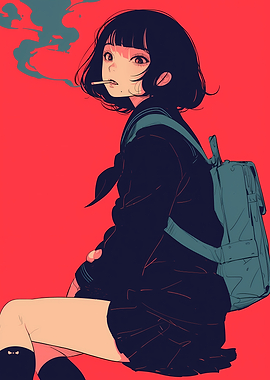 Smoking Anime Schoolgirl with Backpack
