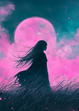 Silhouette under Pink Moon