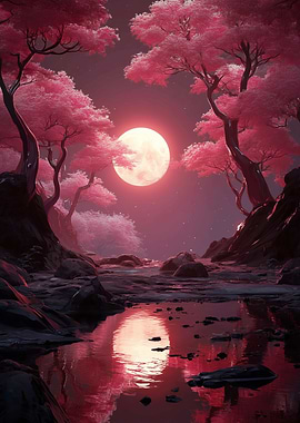 Pink Cherry Blossom Moonlit Landscape