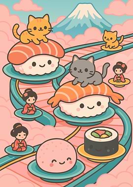 Sushi Cats Conveyor Belt Kawaii Art