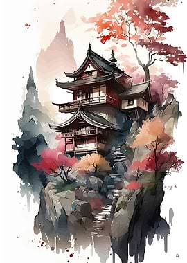 Japanese Temple Watercolor Landscape