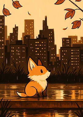 Fox in the City on Rainy Day