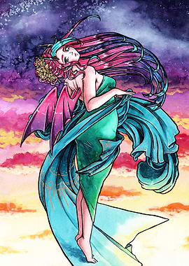 Niji - Winged Woman in Watercolor Sky