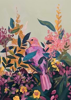 Pink Bird in Floral Garden Painting