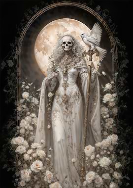 White Santa Muerte with Owl and Roses