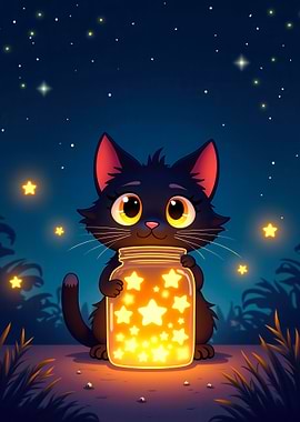 Enchanted Whiskers – Starlit Cat & Golden Jar in Moonlit Serenity
