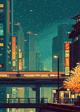 Pixel Art Japanese Cityscape at Night