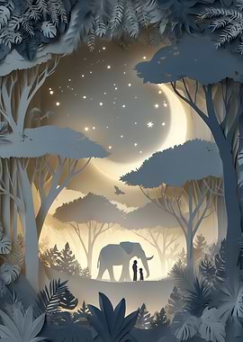 Papercut Elephant and Figures Under Moon