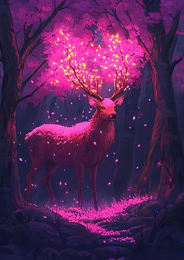 Magical Deer with Cherry Blossoms in Forest