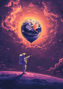 Astronaut Holding Earth Balloon in Space