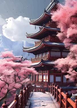 Japanese Pagoda with Cherry Blossoms