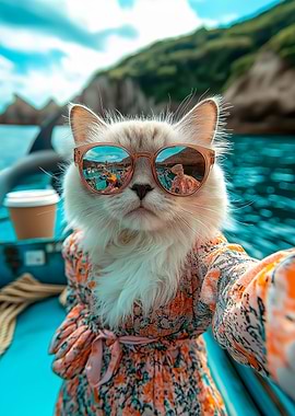 Cat in sunglasses on a boat