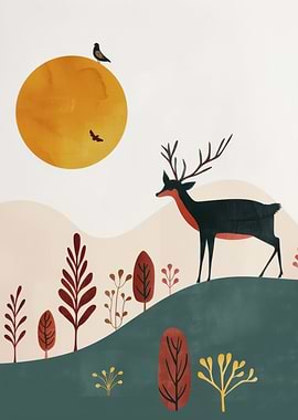 Deer in Autumn Landscape Illustration