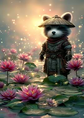 Raccoon Samurai in Lotus Pond