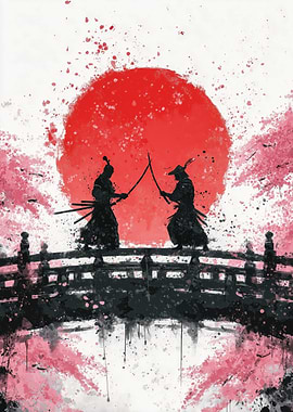 Samurai Duel on Bridge with Rising Sun