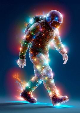 Astronaut walking with colorful light effects