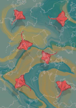 Red Stingrays in Abstract Ocean
