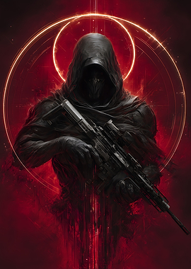 Hooded Figure with Rifle in Red