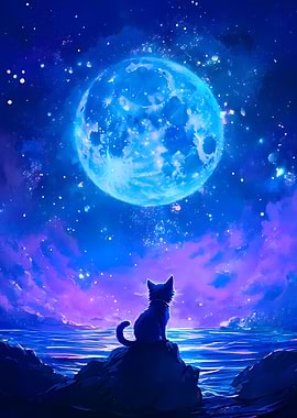 Cat gazing at the moon