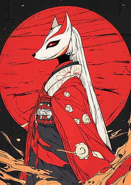 Fox Mask Kimono Red Moon